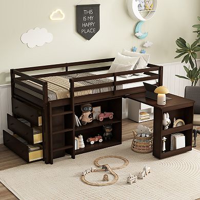 Pnronnc Twin Loft Bed with Storage Drawers, Bookshelf Cabinet, Pull-Out Desk and Ladder