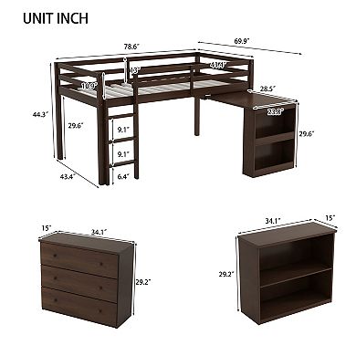 Pnronnc Twin Loft Bed with Storage Drawers, Bookshelf Cabinet, Pull-Out Desk and Ladder