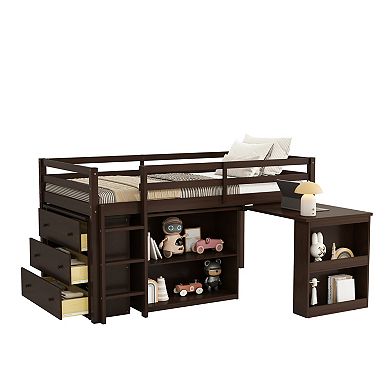 Pnronnc Twin Loft Bed with Storage Drawers, Bookshelf Cabinet, Pull-Out Desk and Ladder