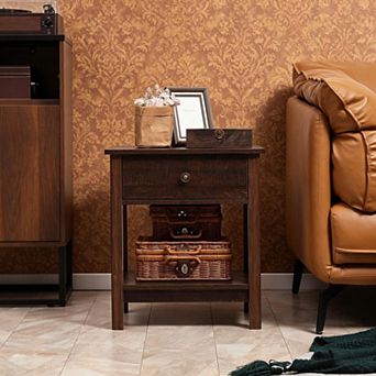 Dark Brown End Table with Drawer Side Table with Top And Bottom Shelf for Small Spaces Modern