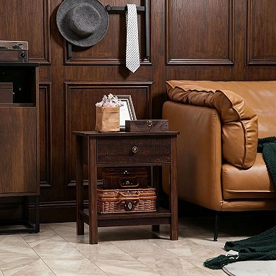 Dark Brown End Table with Drawer Side Table with Top And Bottom Shelf for Small Spaces Modern