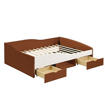 Pnronnc Upholstered Daybed with 2 Storage Drawers, Guardrails and Padded Storage Shelf, Platform Bed