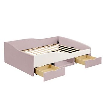 Pnronnc Upholstered Daybed with 2 Storage Drawers, Guardrails and Padded Storage Shelf, Platform Bed