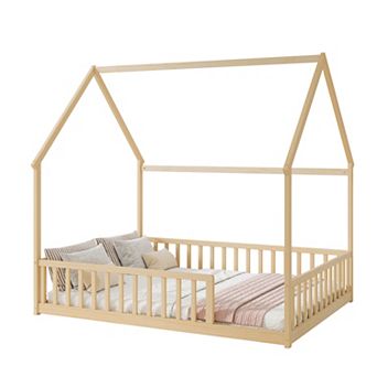 Pnronnc Kids House Shaped Montessori Floor Bed with Roof Frame