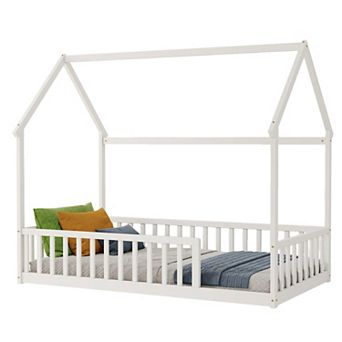 Pnronnc Kids House Shaped Montessori Floor Bed with Roof Frame
