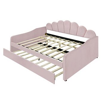 Pnronnc Full Size Upholstered Daybed with Trundle, Velvet Sofa Bed Frame with Shell Shaped Backrest