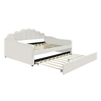 Pnronnc Full Size Upholstered Daybed with Trundle, Velvet Sofa Bed Frame with Shell Shaped Backrest