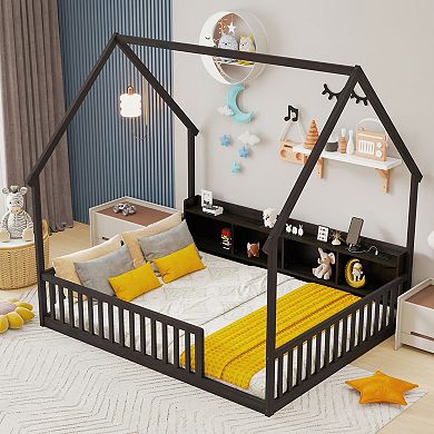 Pnronnc Kids House-shape Floor Bed with Storage Shelves, LED Lights, USB & Type-C Charging Station