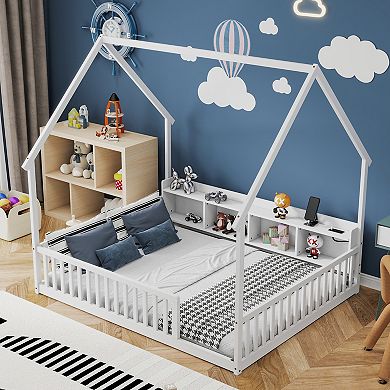 Pnronnc Kids House-shape Floor Bed with Storage Shelves, LED Lights, USB & Type-C Charging Station