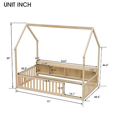 Pnronnc Kids House-shape Floor Bed with Storage Shelves, LED Lights, USB & Type-C Charging Station