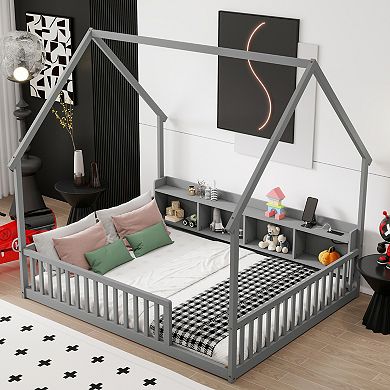 Pnronnc Kids House-shape Floor Bed with Storage Shelves, LED Lights, USB & Type-C Charging Station