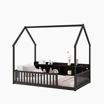 Pnronnc Kids House-shape Floor Bed with Storage Shelves, LED Lights, USB & Type-C Charging Station