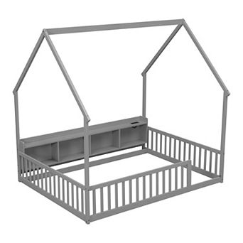 Pnronnc Kids House-shape Floor Bed with Storage Shelves, LED Lights, USB & Type-C Charging Station