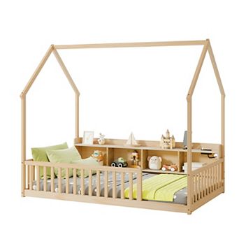 Pnronnc Kids House-shape Floor Bed with Storage Shelves, LED Lights, USB & Type-C Charging Station