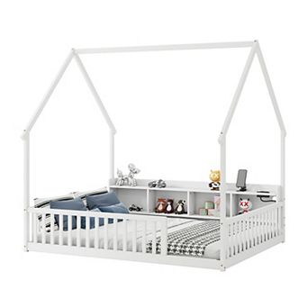 Pnronnc Kids House-shape Floor Bed with Storage Shelves, LED Lights, USB & Type-C Charging Station