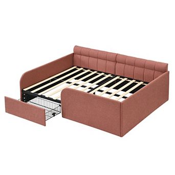 Pnronnc Full Size Boucle Upholstered Daybed with Mesh Storage Drawer and Rolling Casters