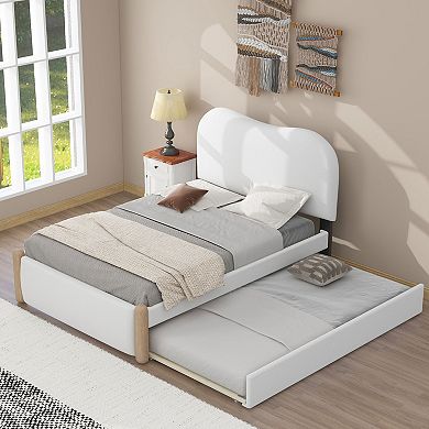 Pnronnc Upholstered Platform Bed with Arc Headboard and Trundle Bed