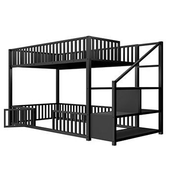 Pnronnc Twin Over Twin Low Bunk Bed with Storage Ladder, Guardrails and Safety Door