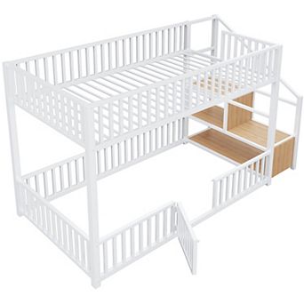 Pnronnc Twin Over Twin Low Bunk Bed with Storage Ladder, Guardrails and Safety Door