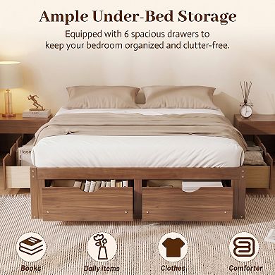 Pnronnc Storage Platform Bed with 6 Drawers, Low Profile Bed Frame with Wood Slat Support