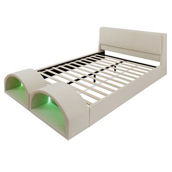 Pnronnc Queen Size Upholstered Bed Frame with Dual Cat Caves, LED Pet Houses
