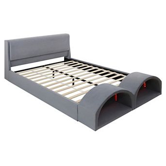 Pnronnc Queen Size Upholstered Bed Frame with Dual Cat Caves, LED Pet Houses