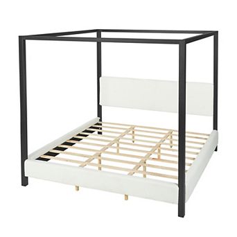 Trikiousd Modern Metal Canopy Bed with Boucle Upholstered Headboard