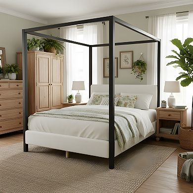 Trikiousd Modern Metal Canopy Bed with Boucle Upholstered Headboard