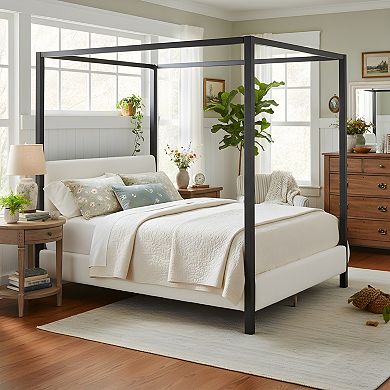 Trikiousd Modern Metal Canopy Bed with Boucle Upholstered Headboard