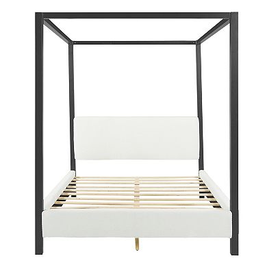 Trikiousd Modern Metal Canopy Bed with Boucle Upholstered Headboard
