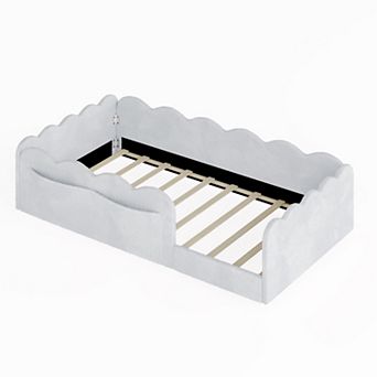 Pnronnc Kids Montessori Bed Upholstered Floor Bed with Soft Guardrails and Storage Pockets