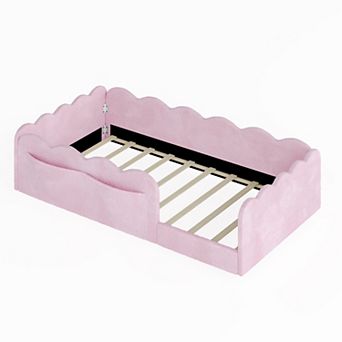 Pnronnc Kids Montessori Bed Upholstered Floor Bed with Soft Guardrails and Storage Pockets