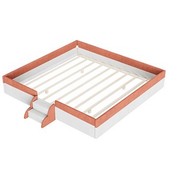 Pnronnc Corduroy Upholstered Floor Bed with Fence Guardrails and LED Lights