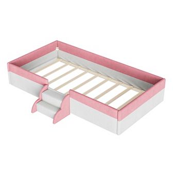 Pnronnc Corduroy Upholstered Floor Bed with Fence Guardrails and LED Lights