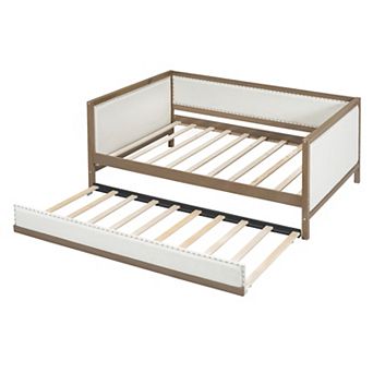 Pnronnc Full Size Upholstered Daybed with Twin Trundle, Linen Fabric Platform Bed with Nailhead Trim