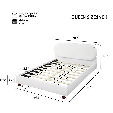 Trikiousd Boucle Upholstered Platform Bed with Rubber Wood Legs