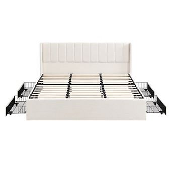 Trikiousd Upholstered Storage Platform Bed with 4 Drawers and Slatted Frame