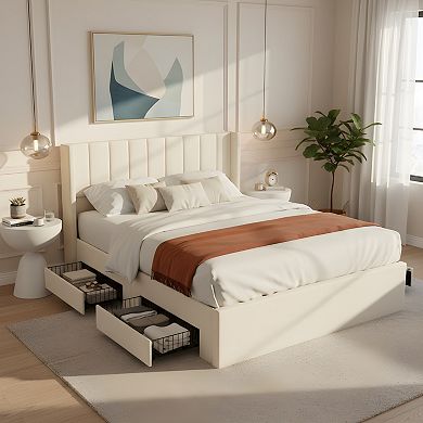Trikiousd Upholstered Storage Platform Bed with 4 Drawers and Slatted Frame