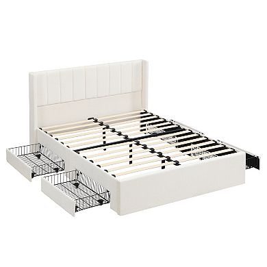 Trikiousd Upholstered Storage Platform Bed with 4 Drawers and Slatted Frame