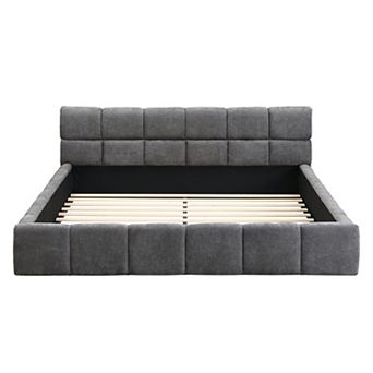 Trikiousd Chenille Upholstered Platform Bed with Checkerboard Headboard