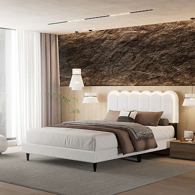 Trikiousd Upholstered Platform Bed with Petal Headboard and LED Light