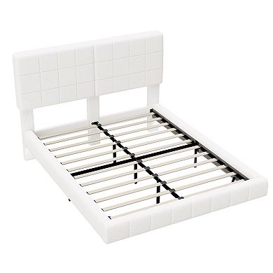 Trikiousd Boucle Floating Platform Bed Frame with LED Light Strip