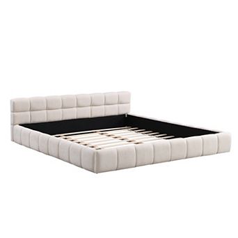 Trikiousd Chenille Upholstered Platform Bed with Checkerboard Headboard