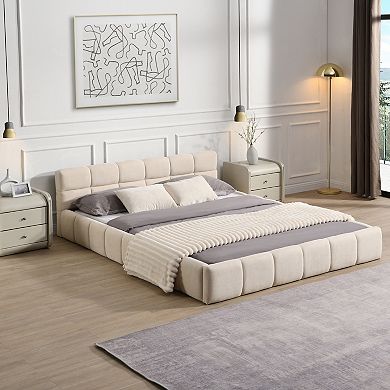 Trikiousd Chenille Upholstered Platform Bed with Checkerboard Headboard