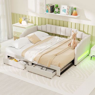 Trikiousd Twin XL to King Upholstered Daybed with LED Lights and Drawers
