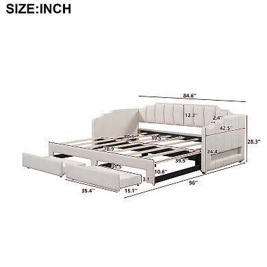 Trikiousd Twin XL to King Upholstered Daybed with LED Lights and Drawers