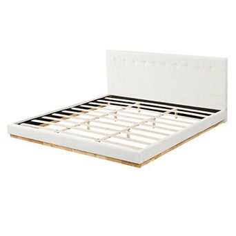 Trikiousd King Size Rubber Wood Platform Bed with Upholstered Headboard