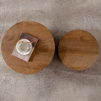 Trikiousd Nesting Coffee Table Set of 2, Round Wooden Accent Tables