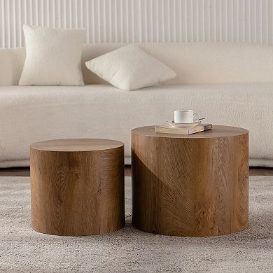 Trikiousd Nesting Coffee Table Set of 2, Round Wooden Accent Tables