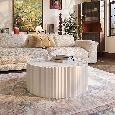Trikiousd Sintered Stone Top Cylinder Coffee Table with Leather Wrap